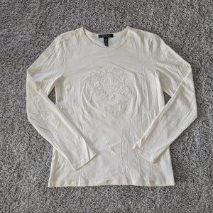 Women's Ralph Lauren beaded emblem cream long sleeve women's top